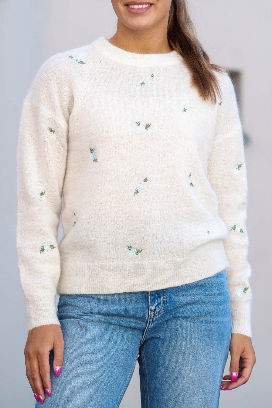 Amalie pullover EMB - Egret/flower